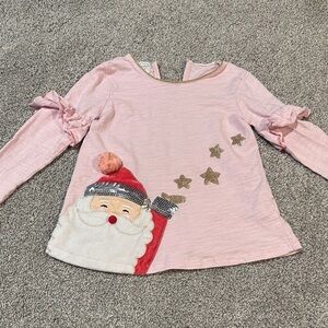 Mudpie Holiday Santa Long Sleeve Ruffle shirt with glitter sequin stars size 4T